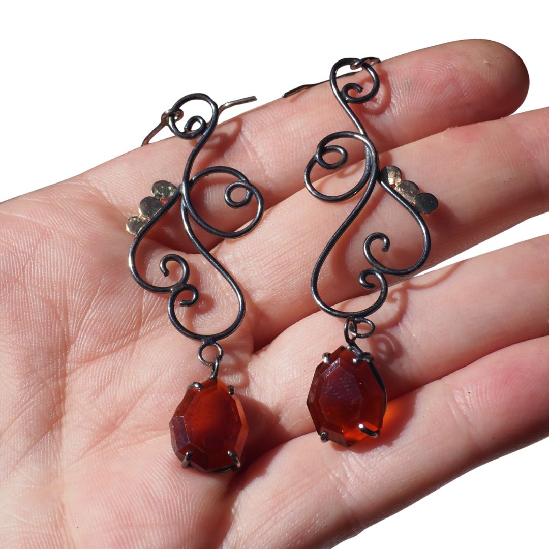 Iron & Ember Hessonite Garnet Scrollwork Earrings | Oxidized Sterling Silver & 14K Gold