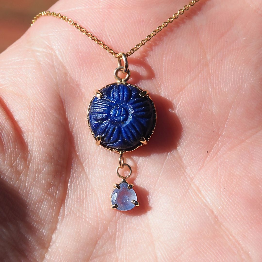 Lapis Bloom Sapphire Necklace | Solid 14K Yellow Gold