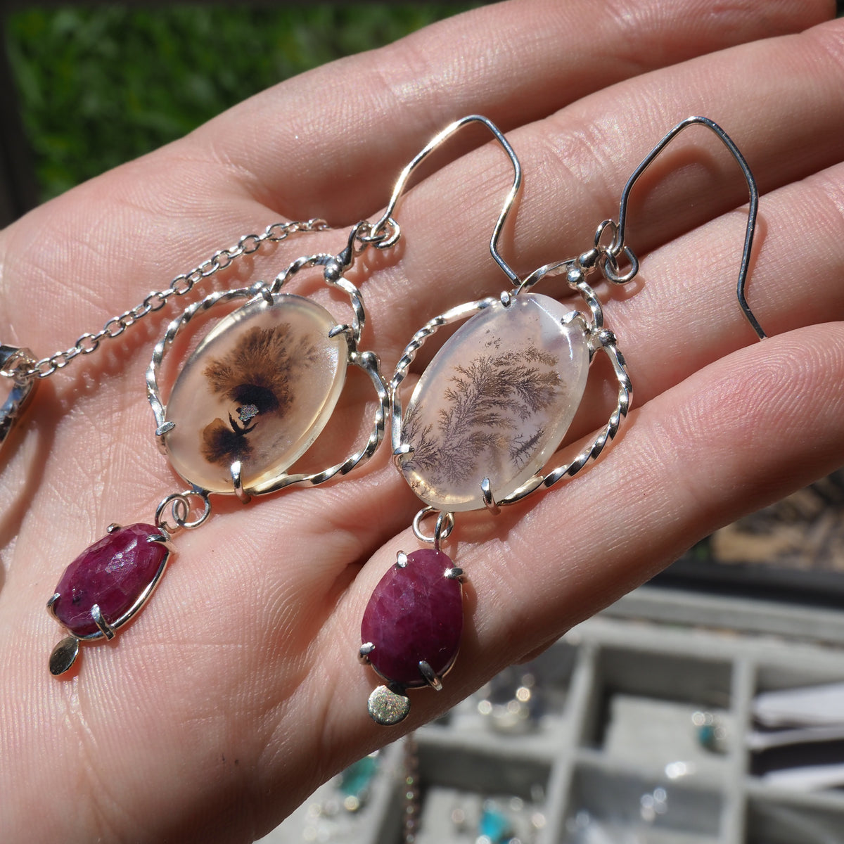 Ruby Victory Earrings-Handmade Sterling Silver, 14k Yellow Gold, Rose Cut Rubies and Dendrite Agate