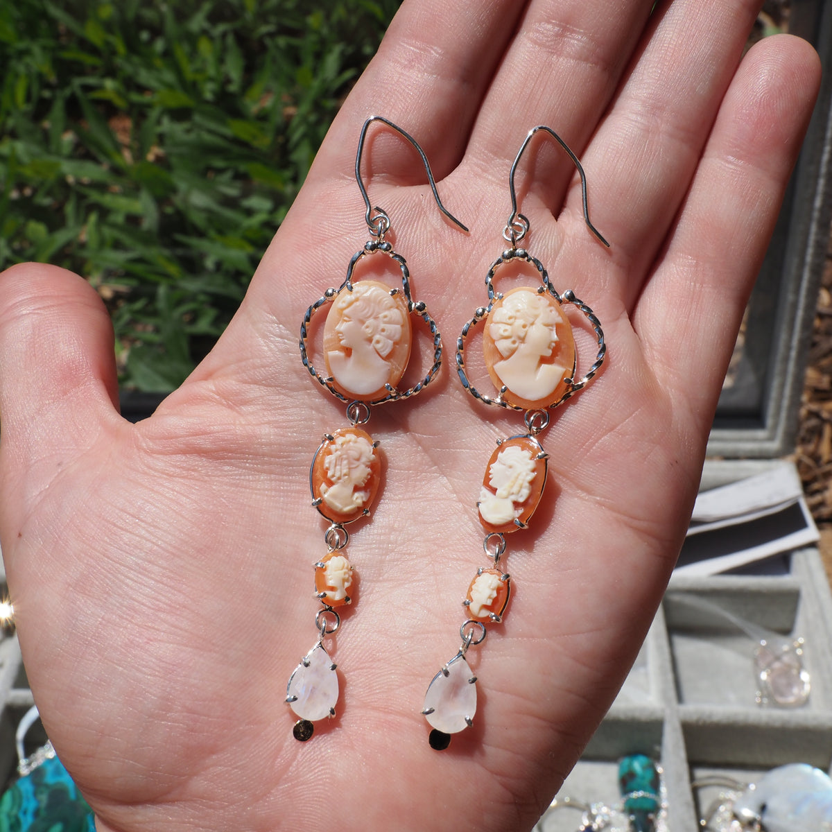 Cameo Cascade Earrings-Handmade Sterling Silver, 14k Yellow Gold, Vintage Cameos and Pear Shaped Moonstone