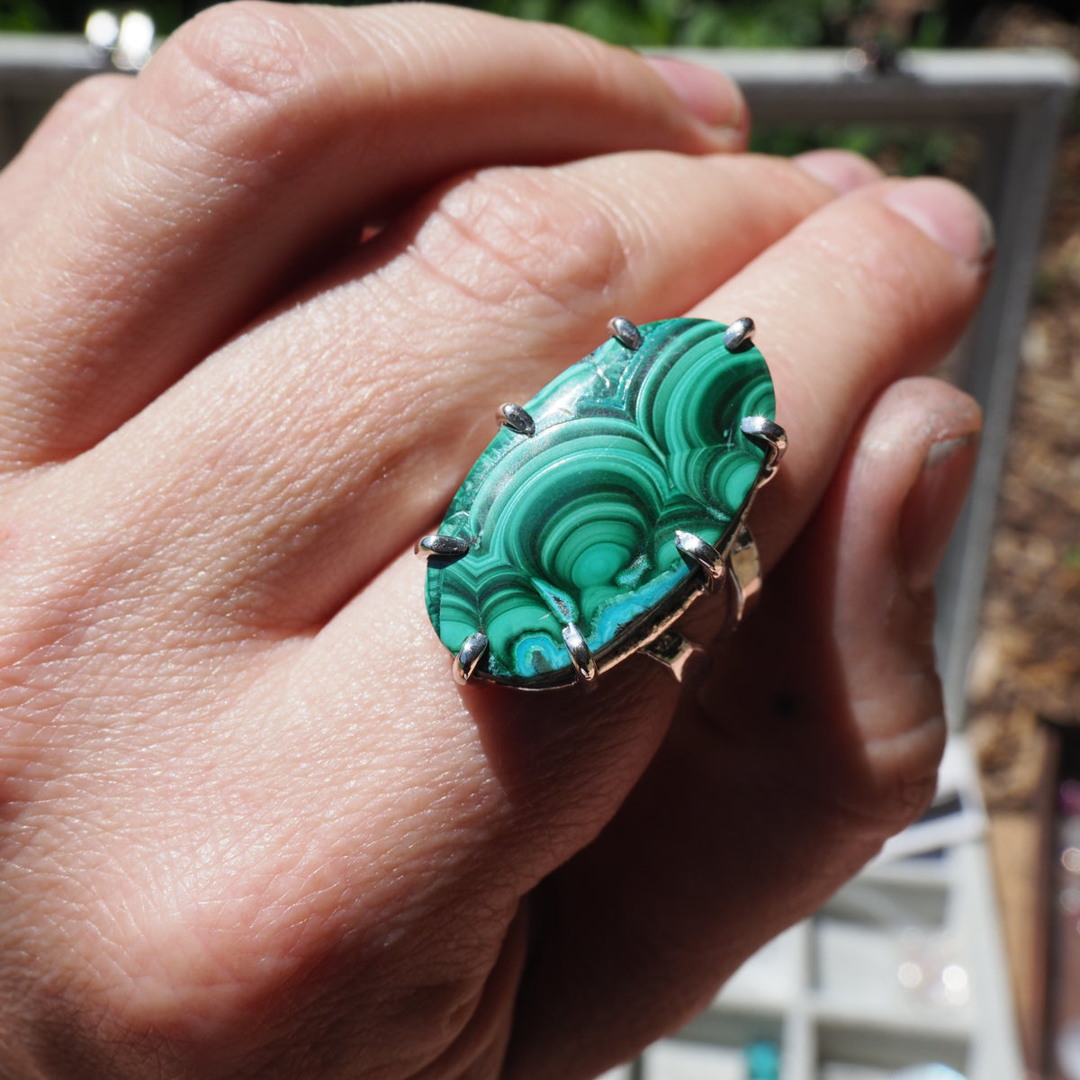 Statement Malachite Ring-Handmade Sterling Silver- Size 8