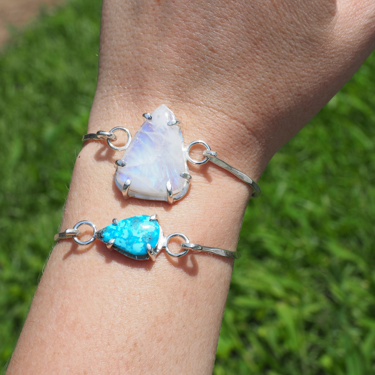 Rainbow Moonstone Hook Bracelet-Handmade Sterling Silver