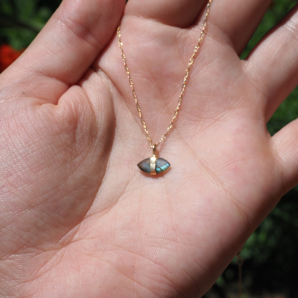 14k Banded Labradorite Necklace-Handmade 14k Yellow Gold