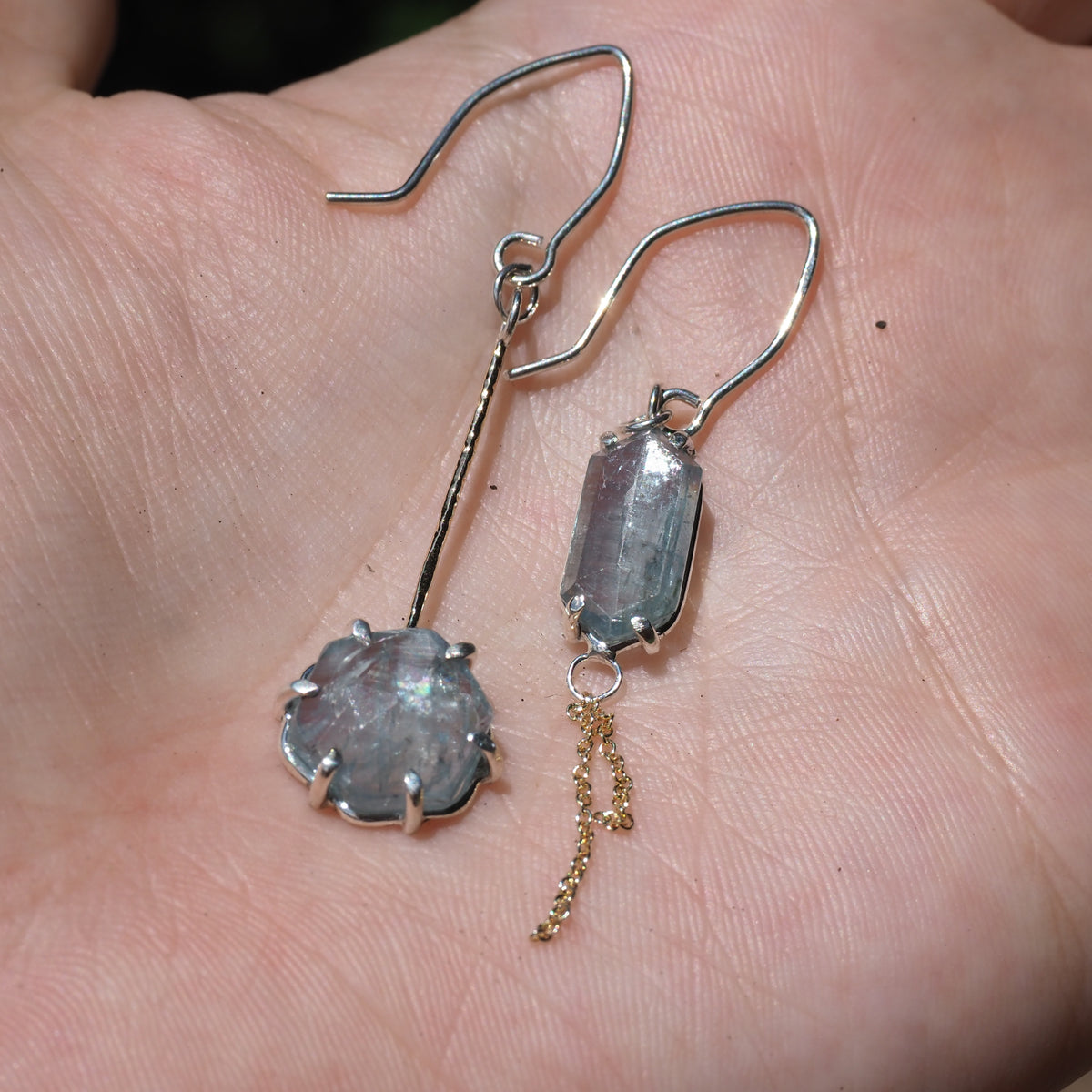 Two-Tone Kyanite Asymmetrical Earrings-Handmade Sterling Silver and 14k Yellow Gold