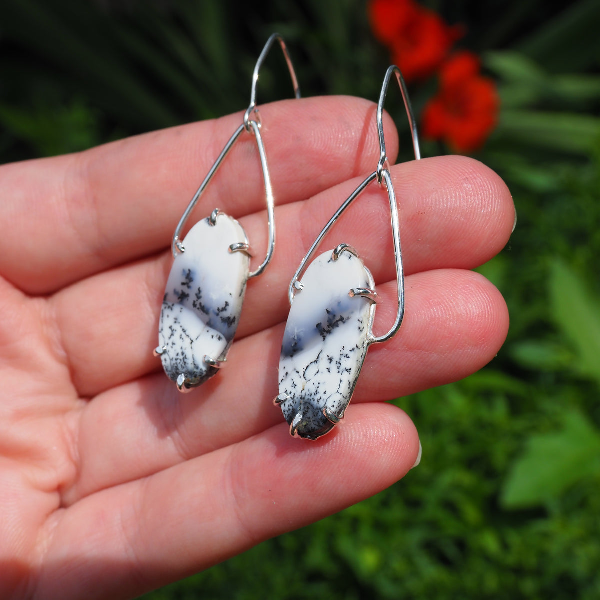 Dendrite Opal Petal Earrings-Handmade Sterling Silver