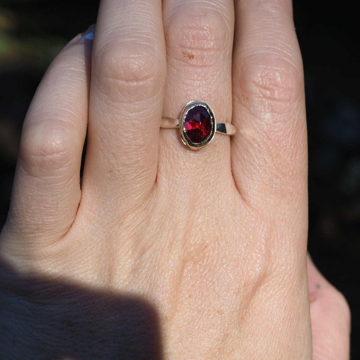 Raspberry Garnet Gold Bezel Ring– Handmade Sterling Silver and 14k Yellow Gold - Size 7.5