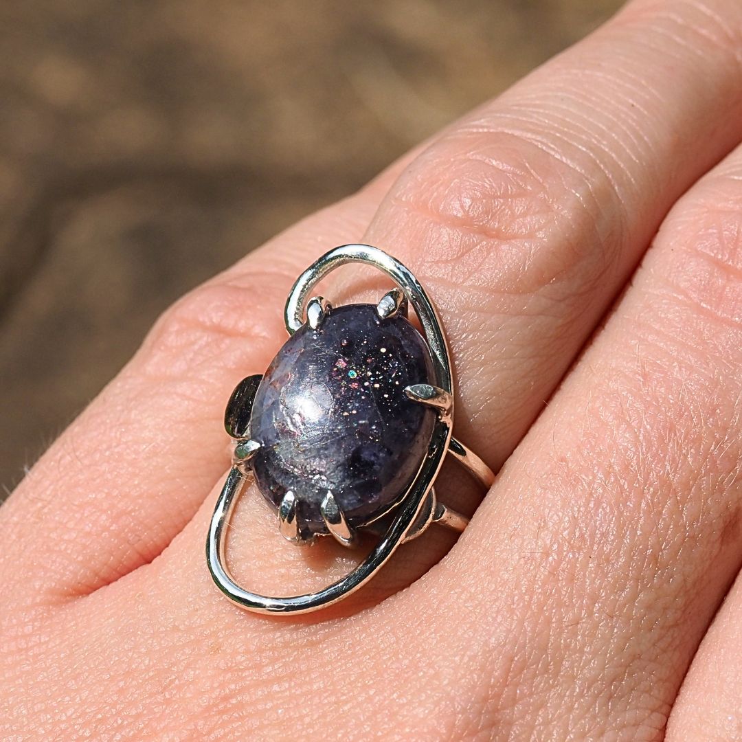 Arc Ring-Handmade Sterling Silver and 14k Rose Gold and Iolite Sunstone - Size 7
