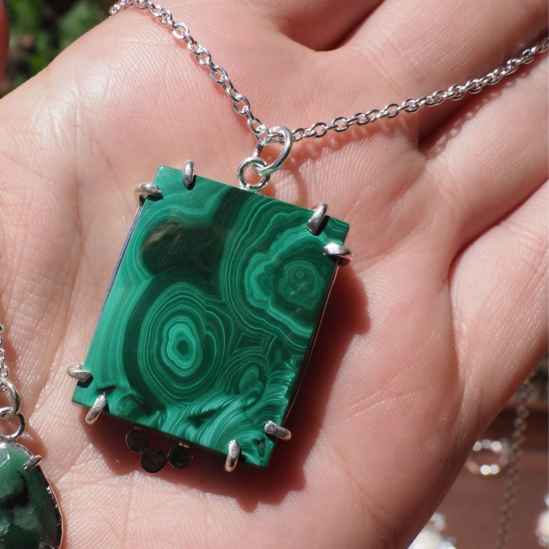 Malachite Window Necklace-Handmade Sterling Silver and 14k Yellow Gold