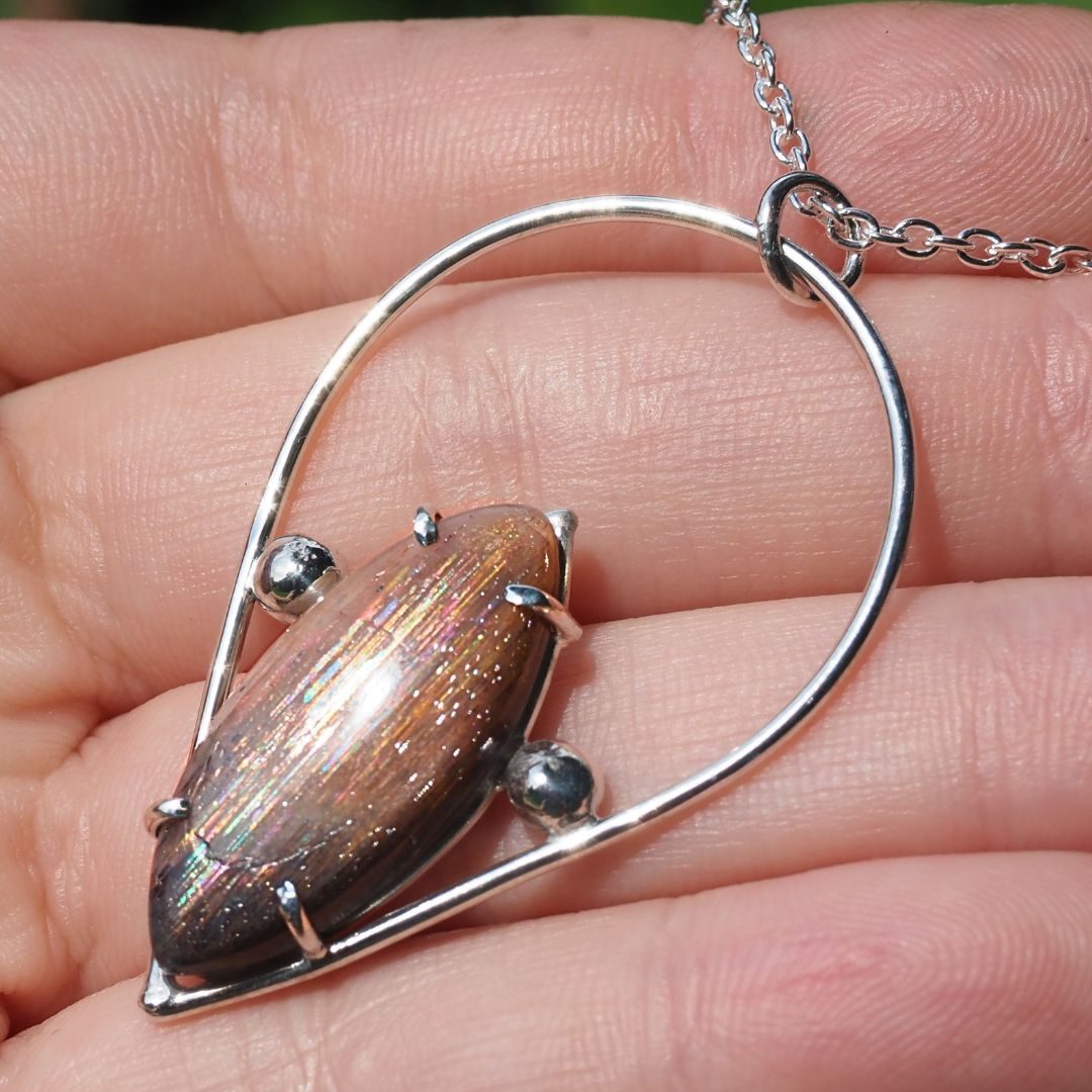 Starfall Necklace-Handmade Sterling Silver and Meteor Shower Sunstone
