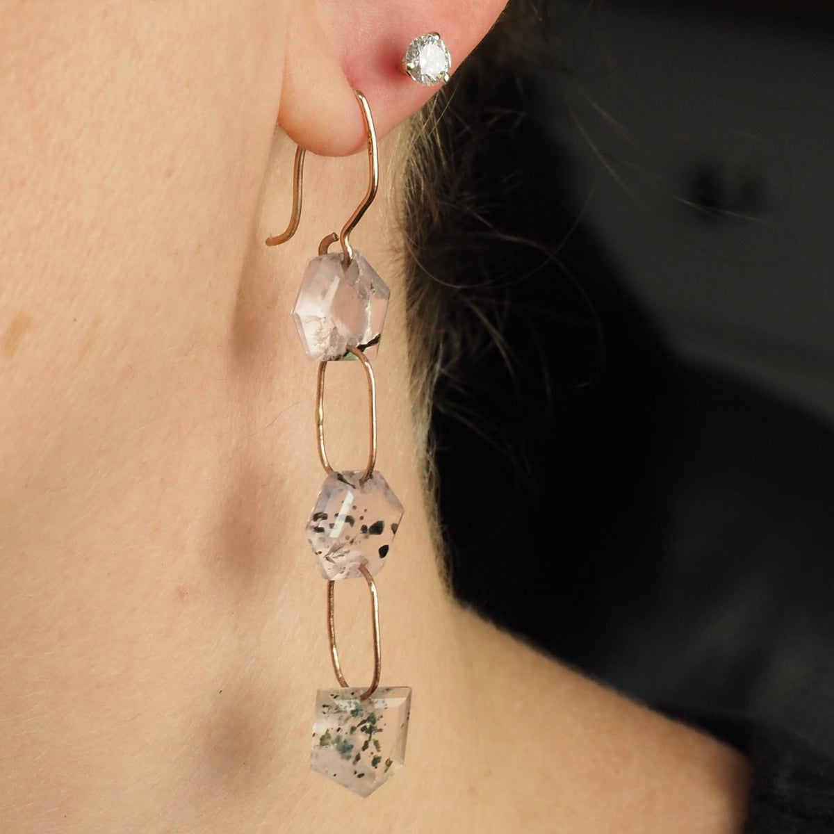 14K Rose Gold Spotted Rose Quartz Chain Link Earrings - Mettle by Abby