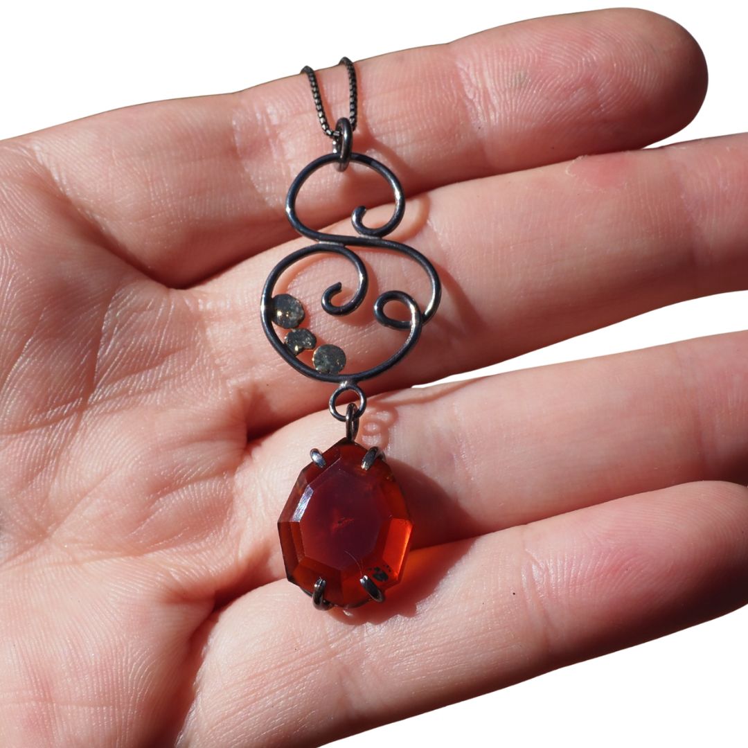 Iron & Ember Hessonite Garnet Scrollwork Necklace | Oxidized Sterling Silver & 14K Gold