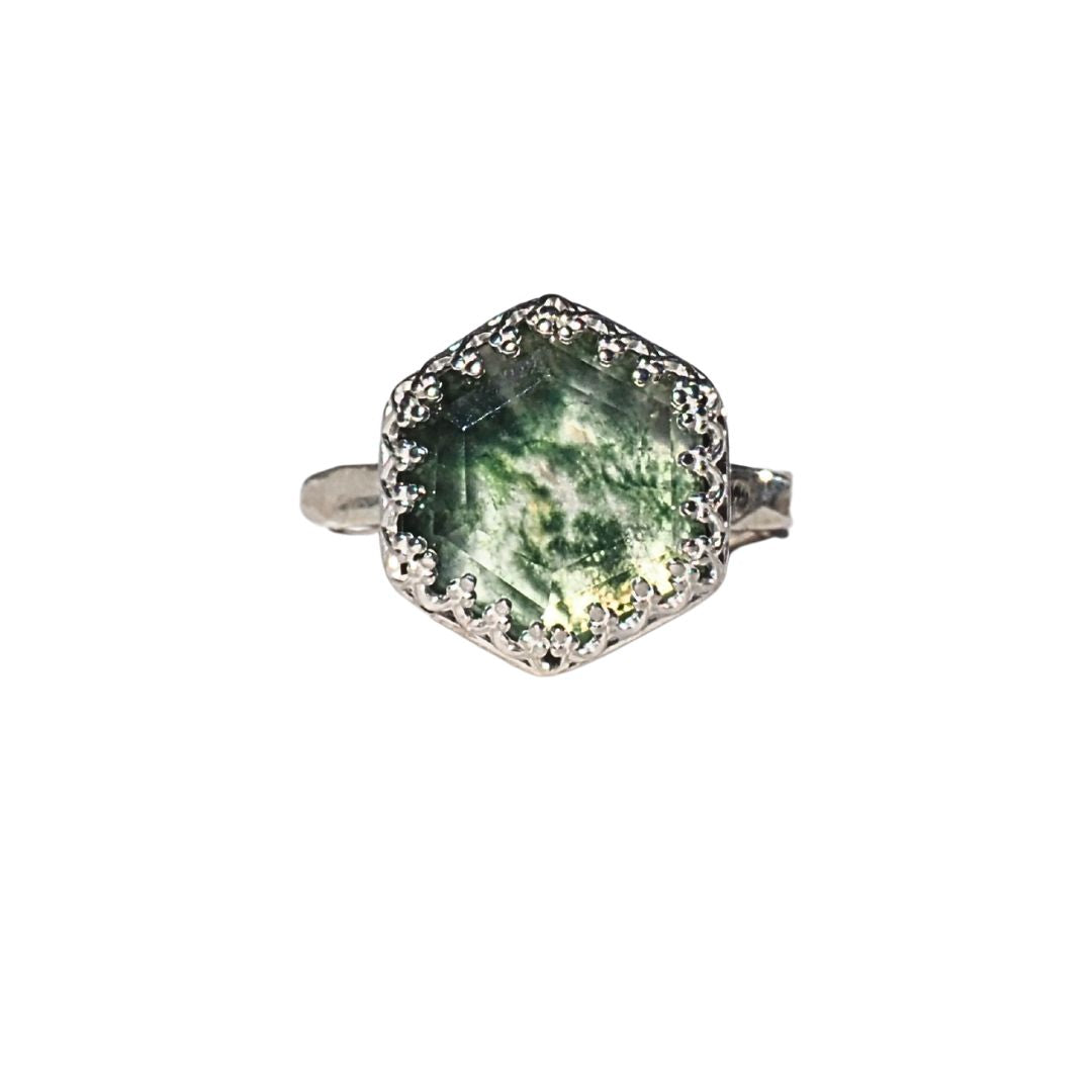 Lace Bezel Moss Agate Ring | Sterling Silver | Size 7