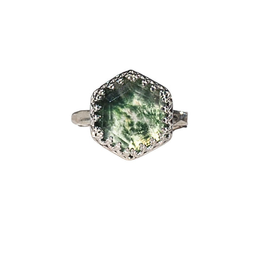 Lace Bezel Moss Agate Ring | Sterling Silver | Size 7