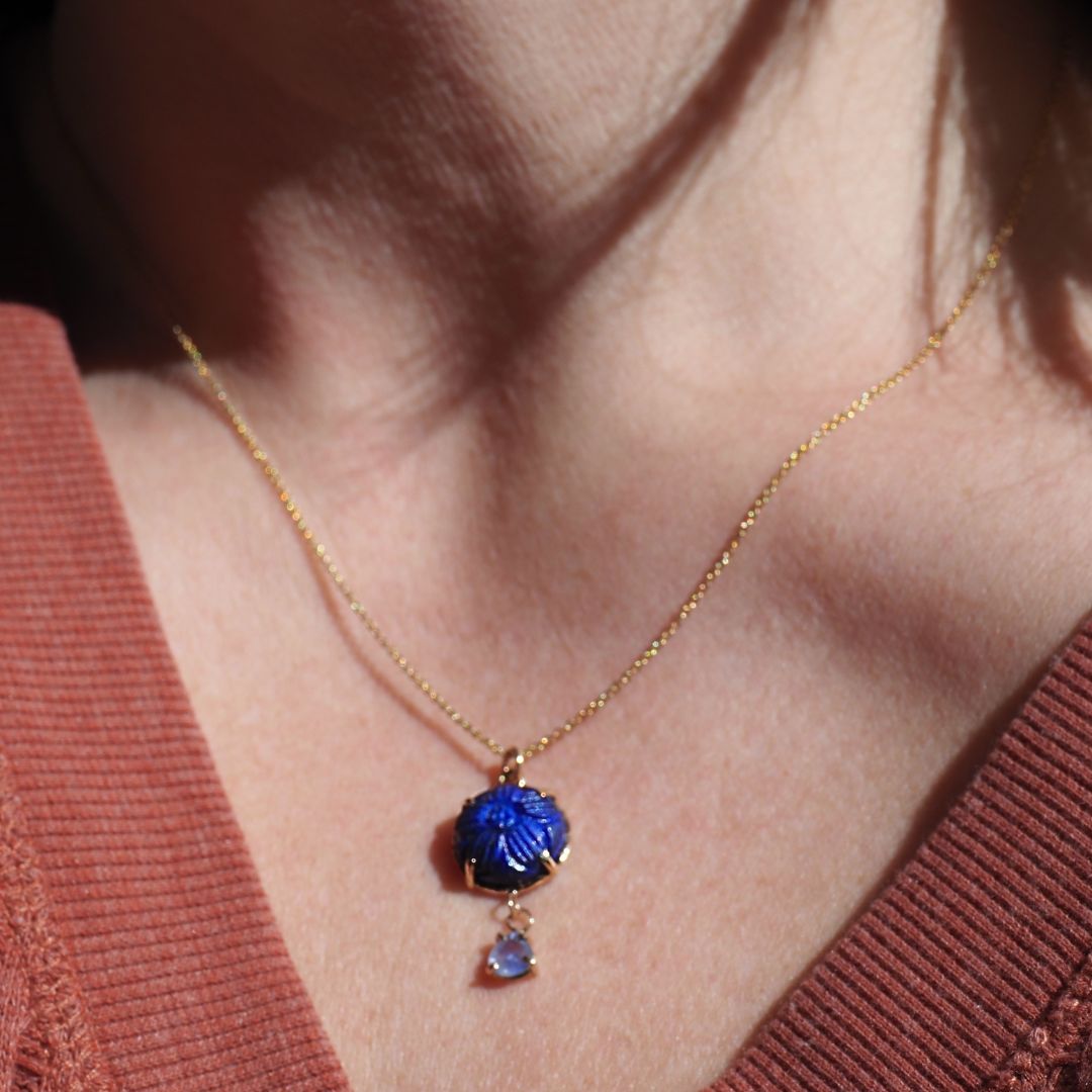 Lapis Bloom Sapphire Necklace | Solid 14K Yellow Gold