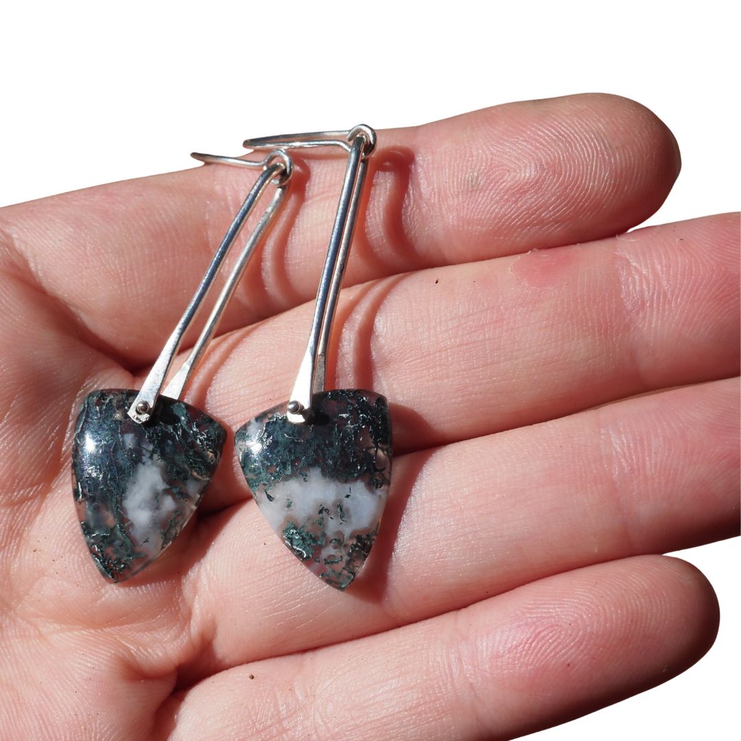 Moss Agate Pendulum Earrings | Sterling Silver