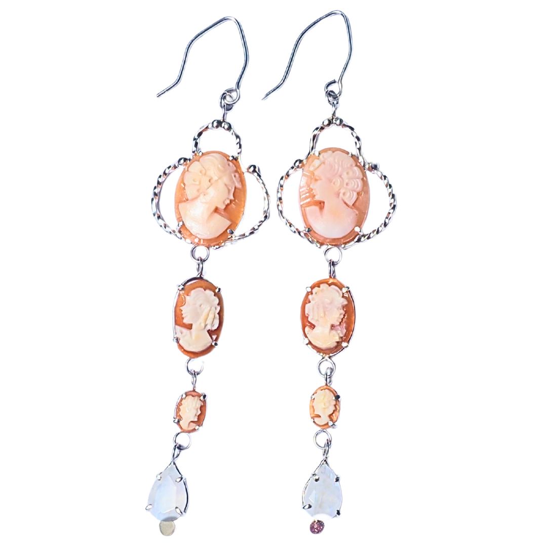 Cameo Cascade Earrings-Handmade Sterling Silver, 14k Yellow Gold, Vintage Cameos and Pear Shaped Moonstone