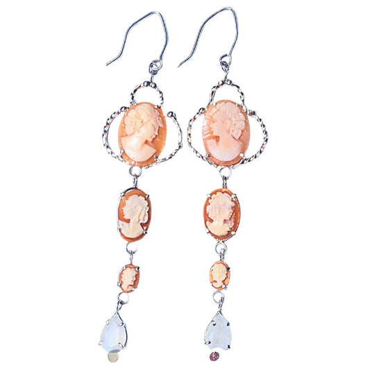 Cameo Cascade Earrings-Handmade Sterling Silver, 14k Yellow Gold, Vintage Cameos and Pear Shaped Moonstone