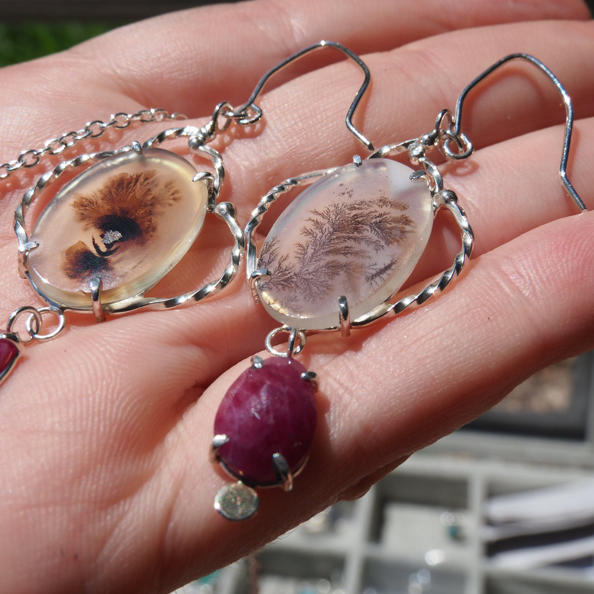 Ruby Victory Earrings-Handmade Sterling Silver, 14k Yellow Gold, Rose Cut Rubies and Dendrite Agate