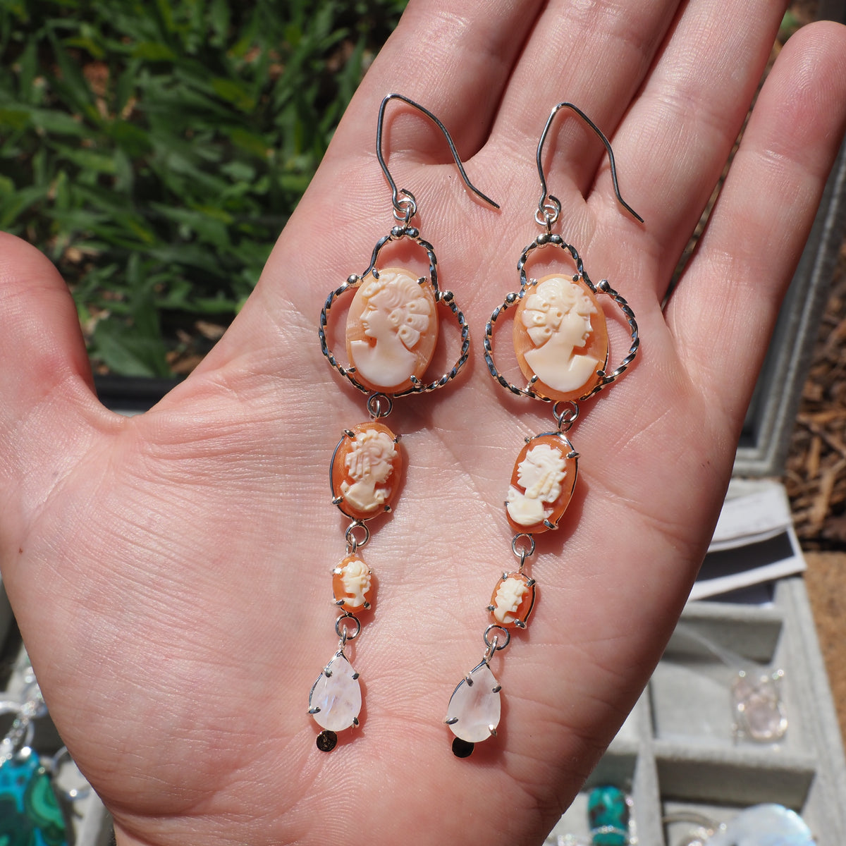 Cameo Cascade Earrings-Handmade Sterling Silver, 14k Yellow Gold, Vintage Cameos and Pear Shaped Moonstone