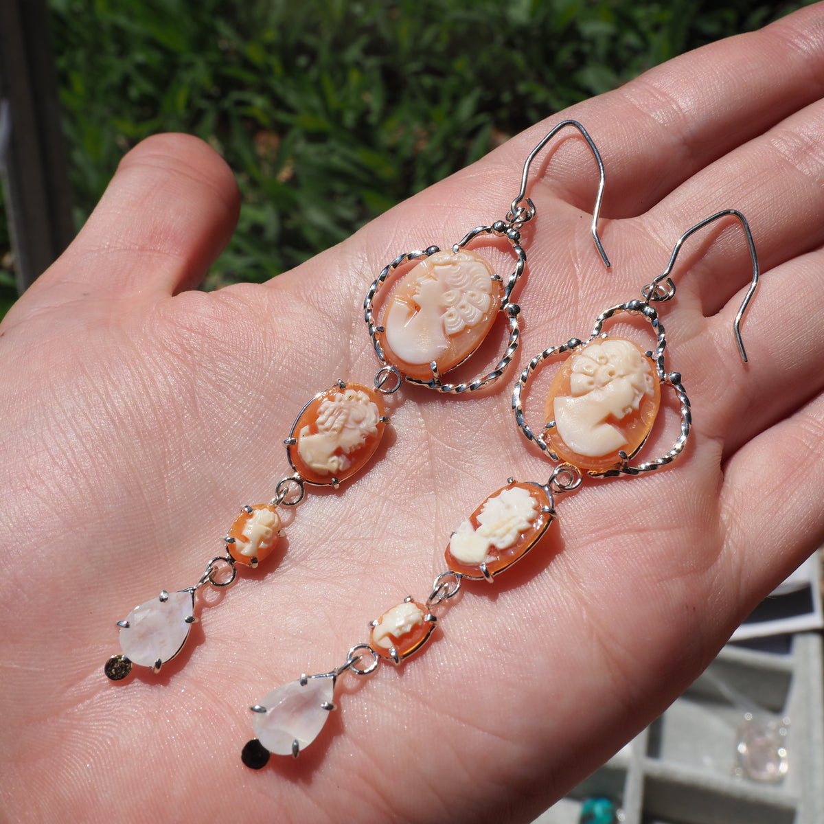 Cameo Cascade Earrings-Handmade Sterling Silver, 14k Yellow Gold, Vintage Cameos and Pear Shaped Moonstone