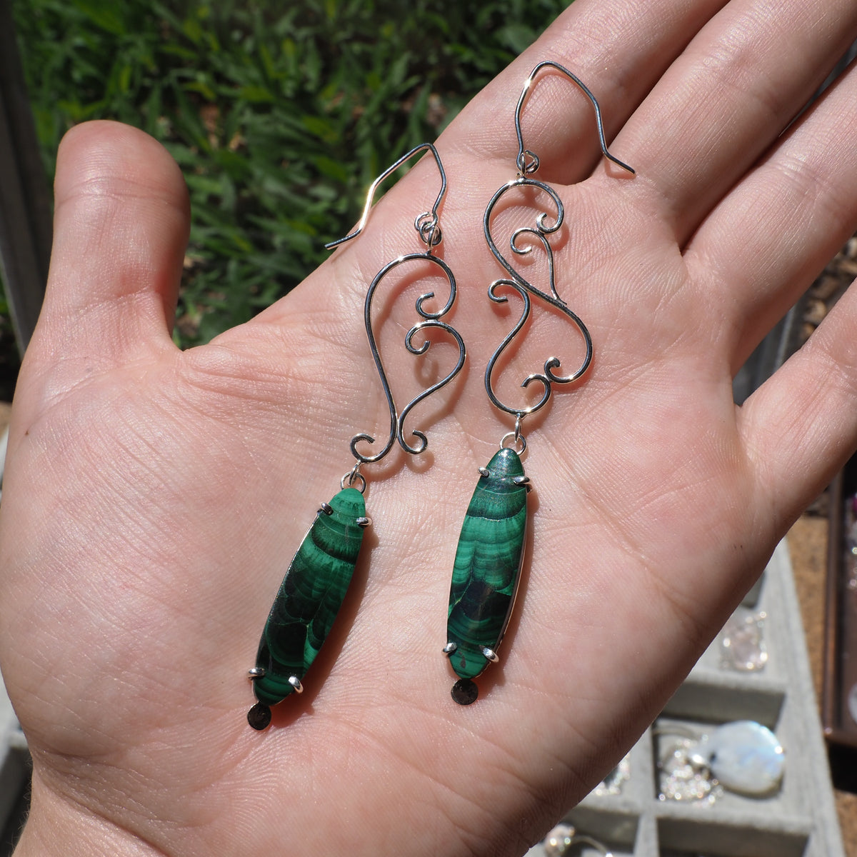 Malachite Scroll Earrings-Handmade Sterling Silver and 14k Yellow Gold