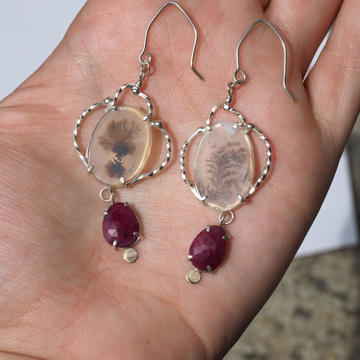 Ruby Victory Earrings-Handmade Sterling Silver, 14k Yellow Gold, Rose Cut Rubies and Dendrite Agate