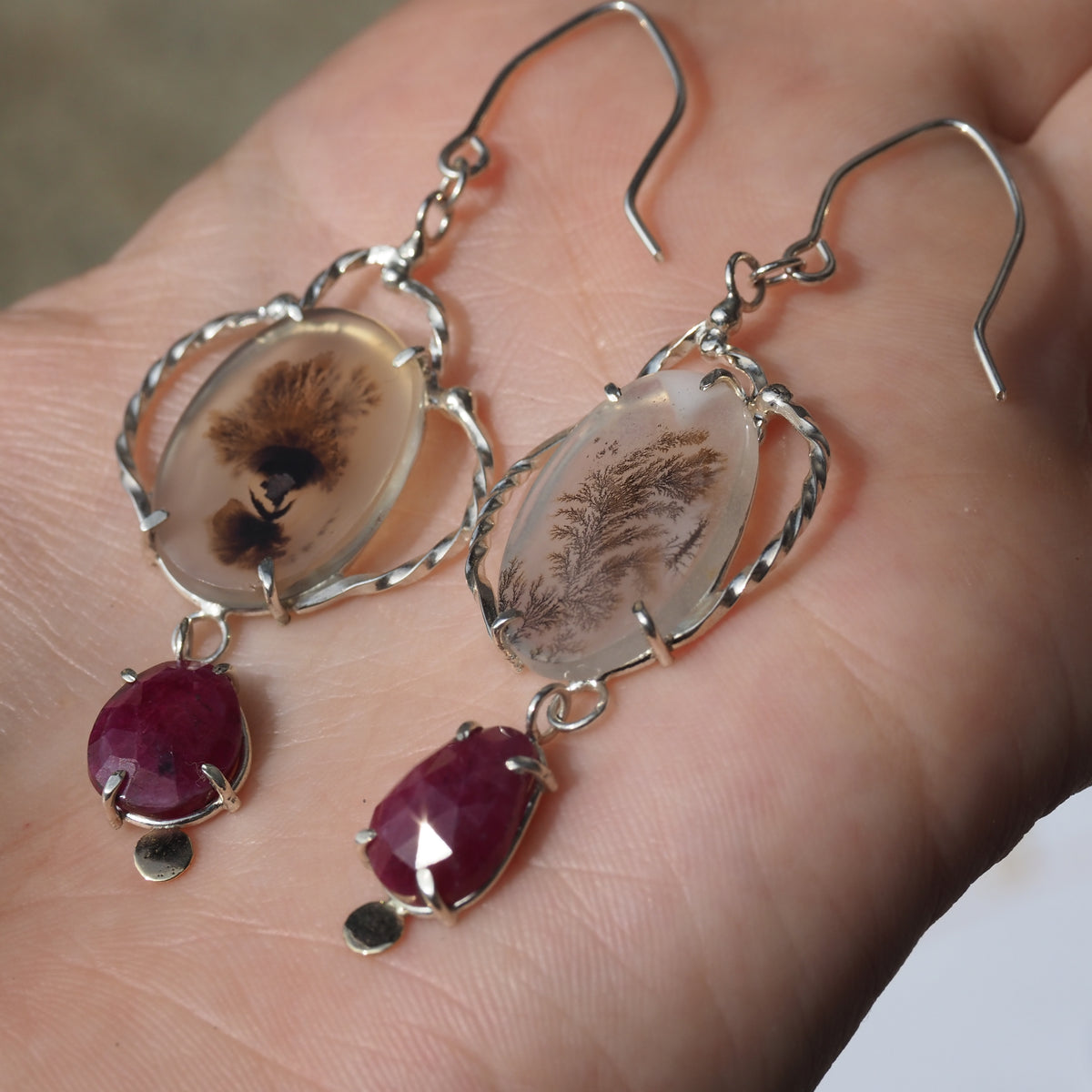 Ruby Victory Earrings-Handmade Sterling Silver, 14k Yellow Gold, Rose Cut Rubies and Dendrite Agate