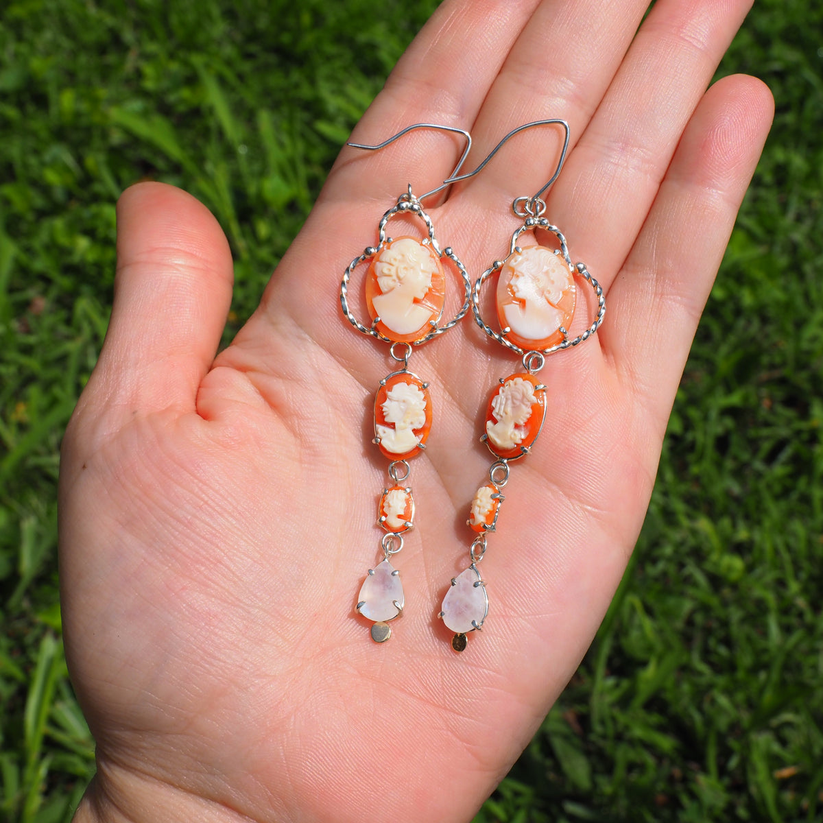 Cameo Cascade Earrings-Handmade Sterling Silver, 14k Yellow Gold, Vintage Cameos and Pear Shaped Moonstone
