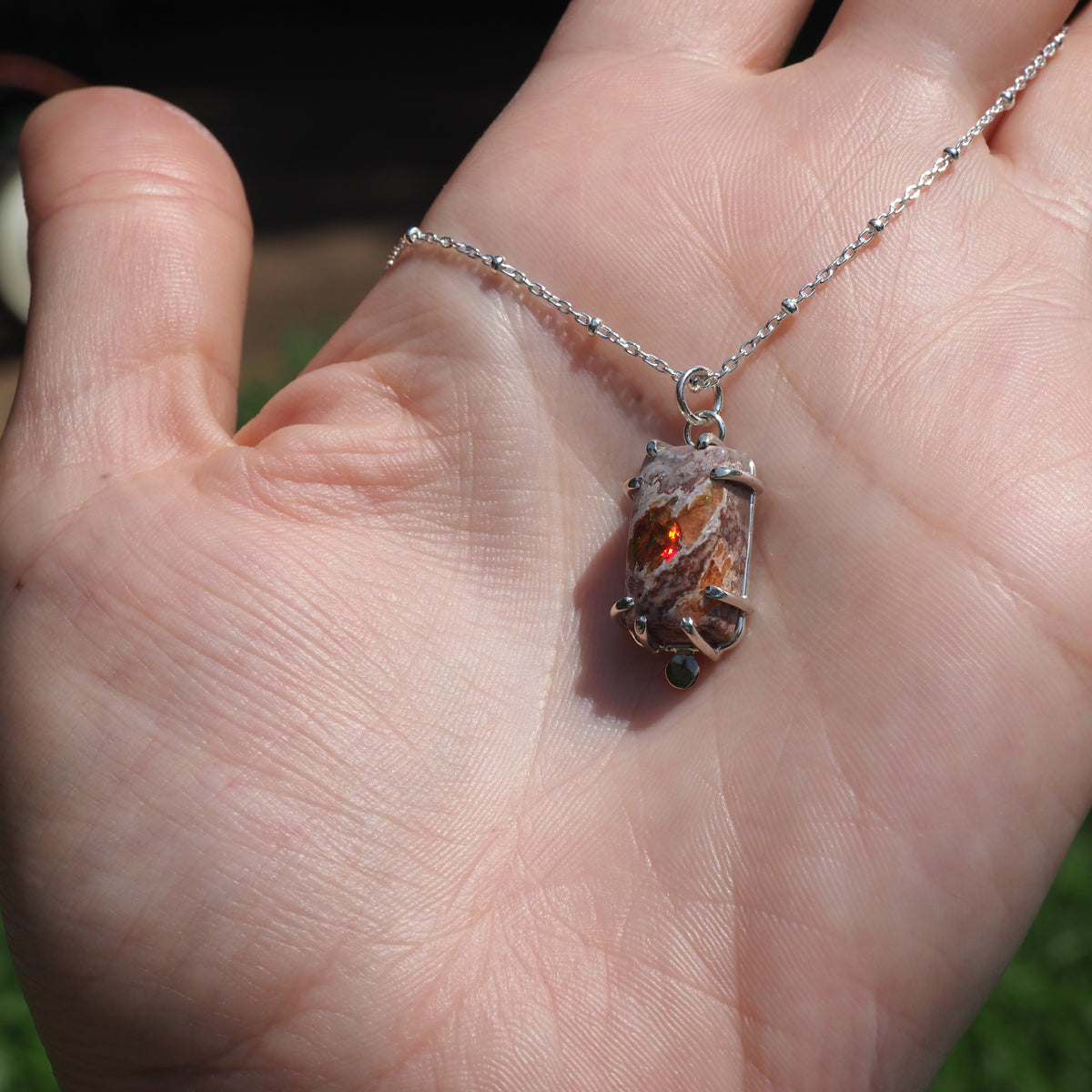 Ember Opal Necklace-Handmade Sterling Silver, 14k Yellow Gold and Mexican Boulder Opal