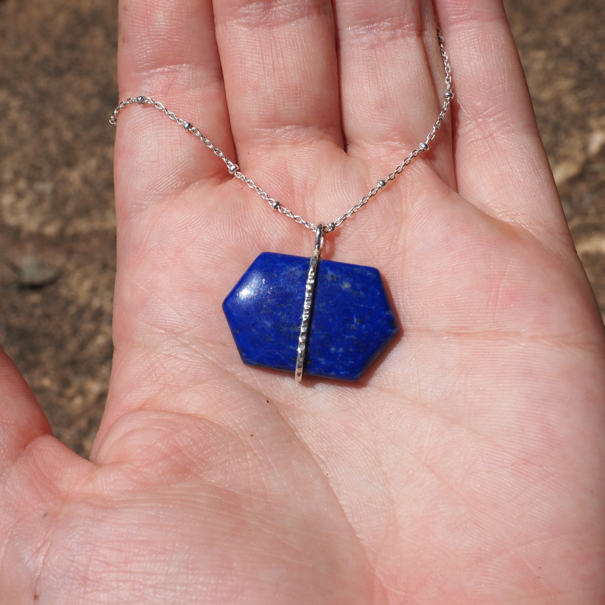 Banded Lapis Hexagon Necklace-Handmade Sterling Silver