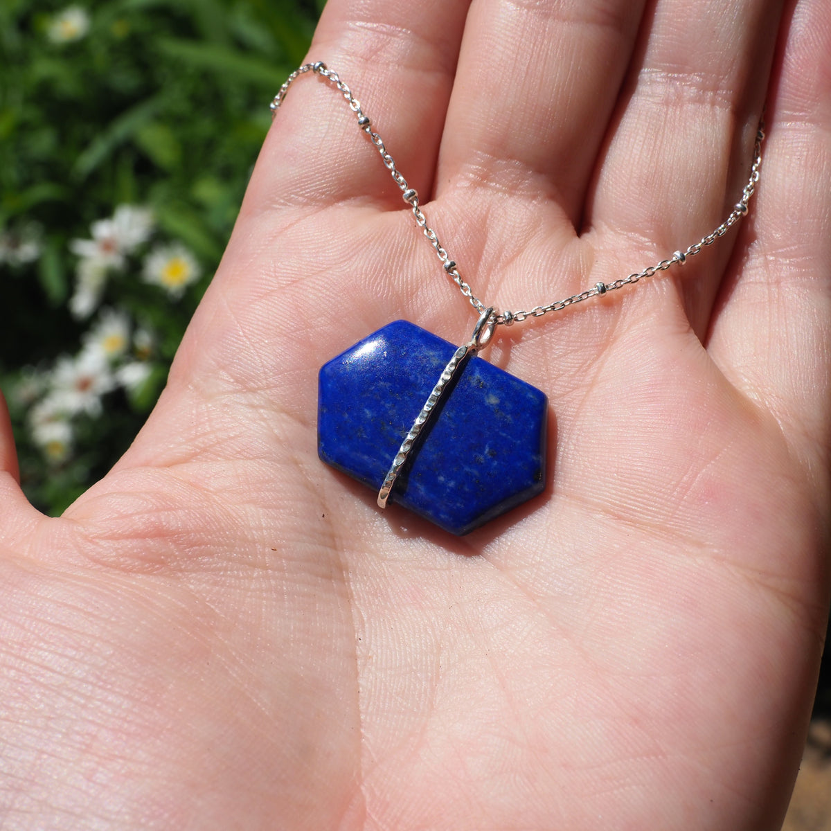 Banded Lapis Hexagon Necklace-Handmade Sterling Silver
