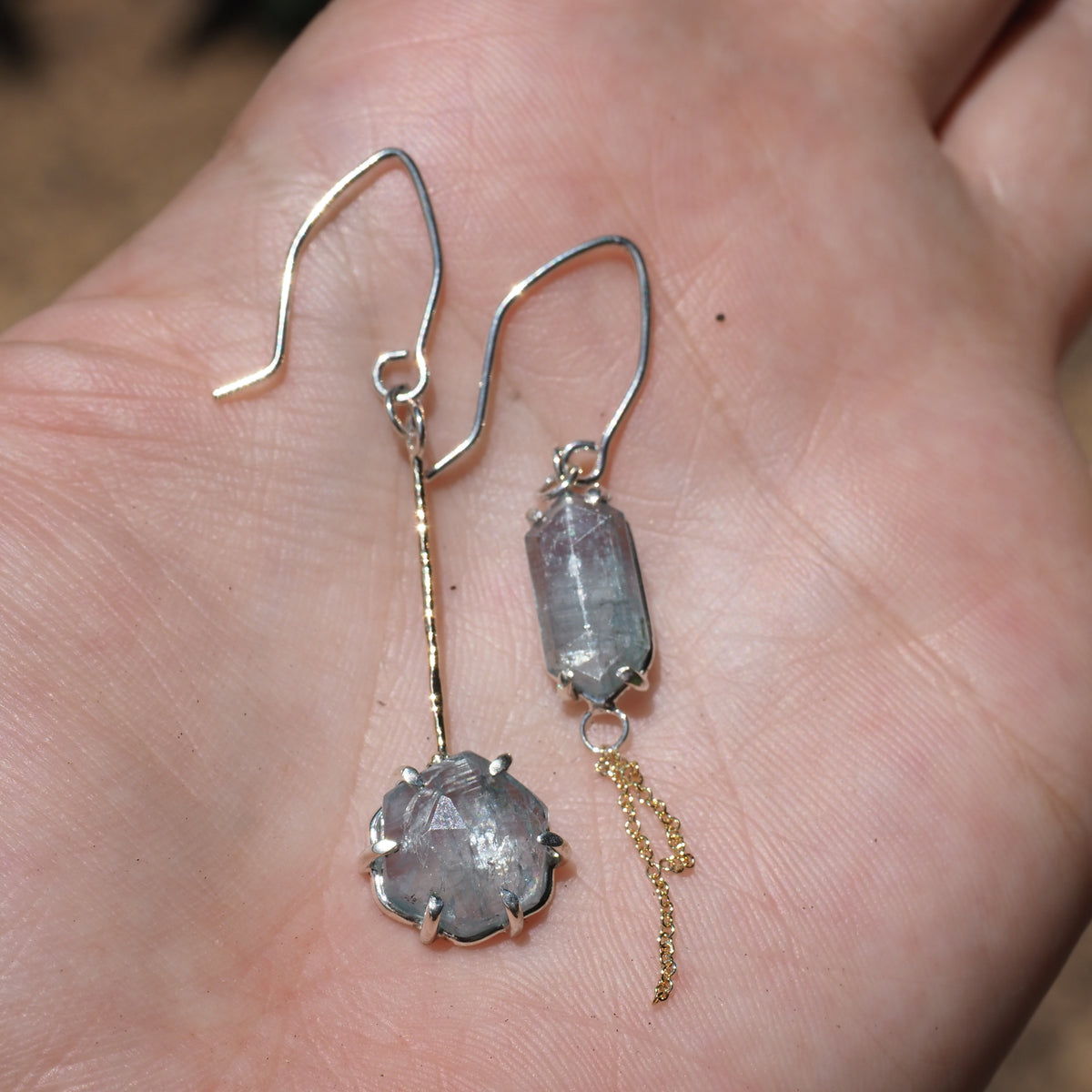 Two-Tone Kyanite Asymmetrical Earrings-Handmade Sterling Silver and 14k Yellow Gold