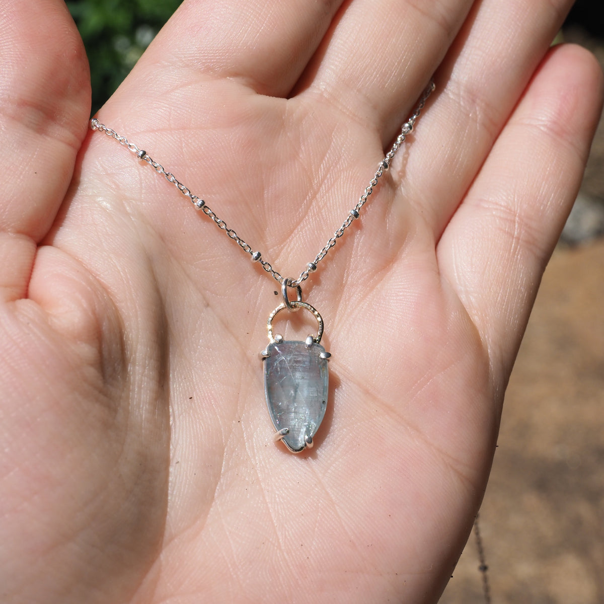 Two-Tone Kyanite Halo Necklace-Handmade Sterling Silver and 14k Yellow Gold
