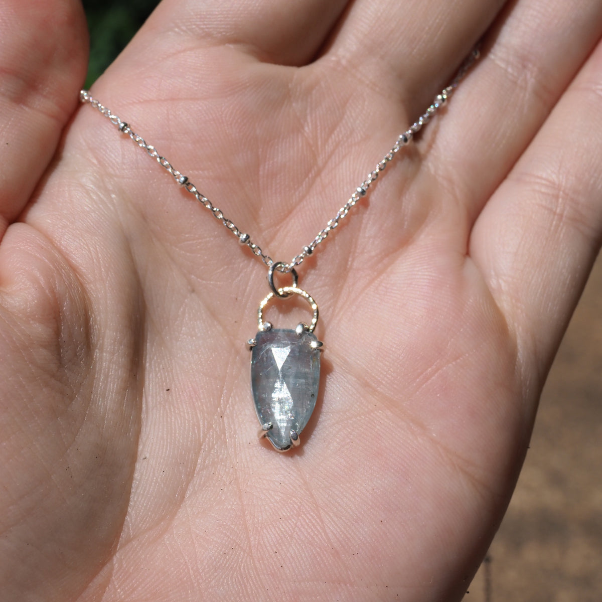 Two-Tone Kyanite Halo Necklace-Handmade Sterling Silver and 14k Yellow Gold