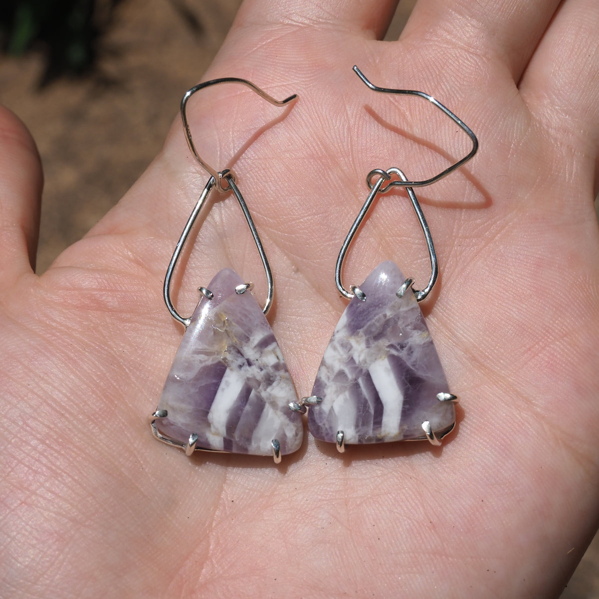 Chevron Amethyst Petal Earrings-Handmade Sterling Silver
