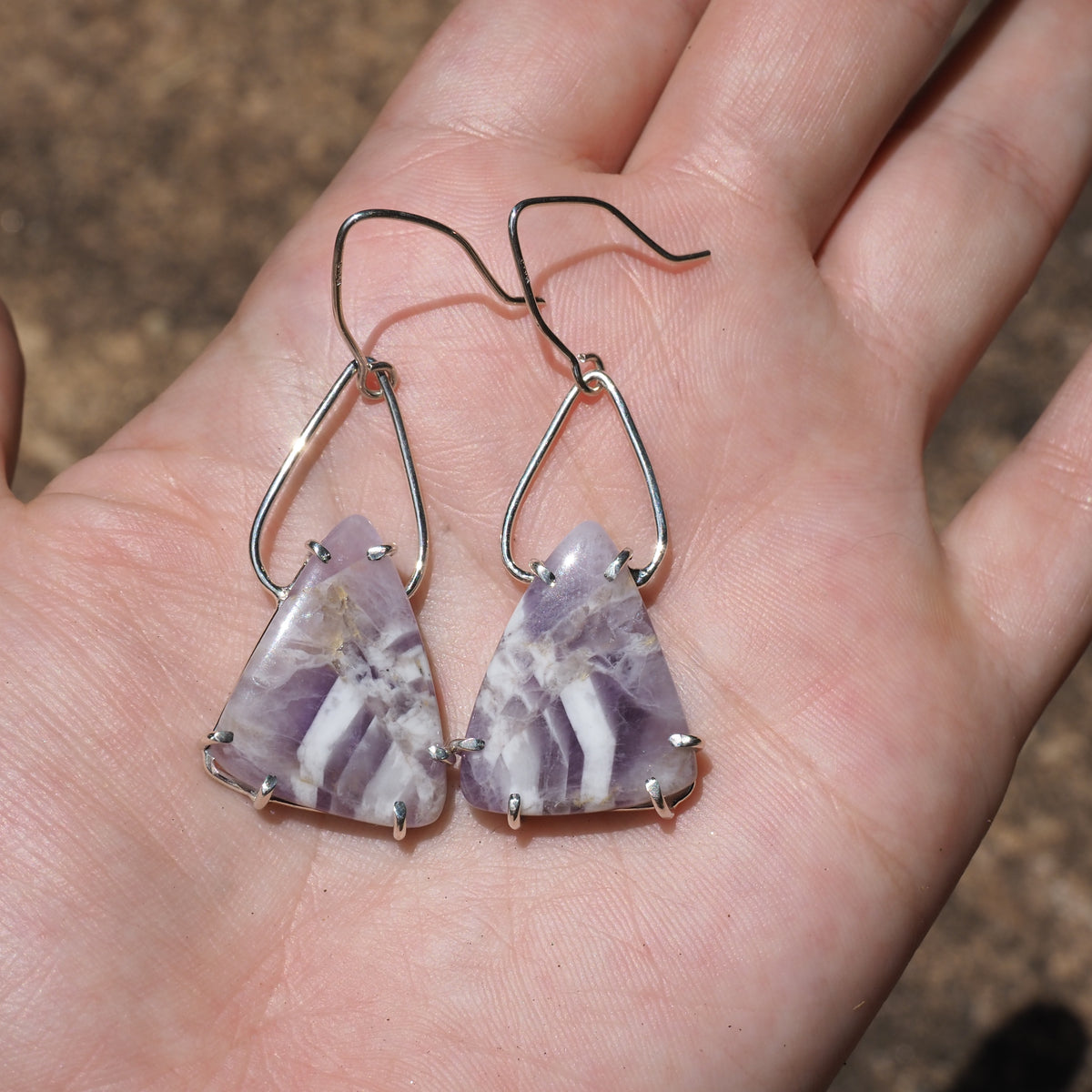 Chevron Amethyst Petal Earrings-Handmade Sterling Silver