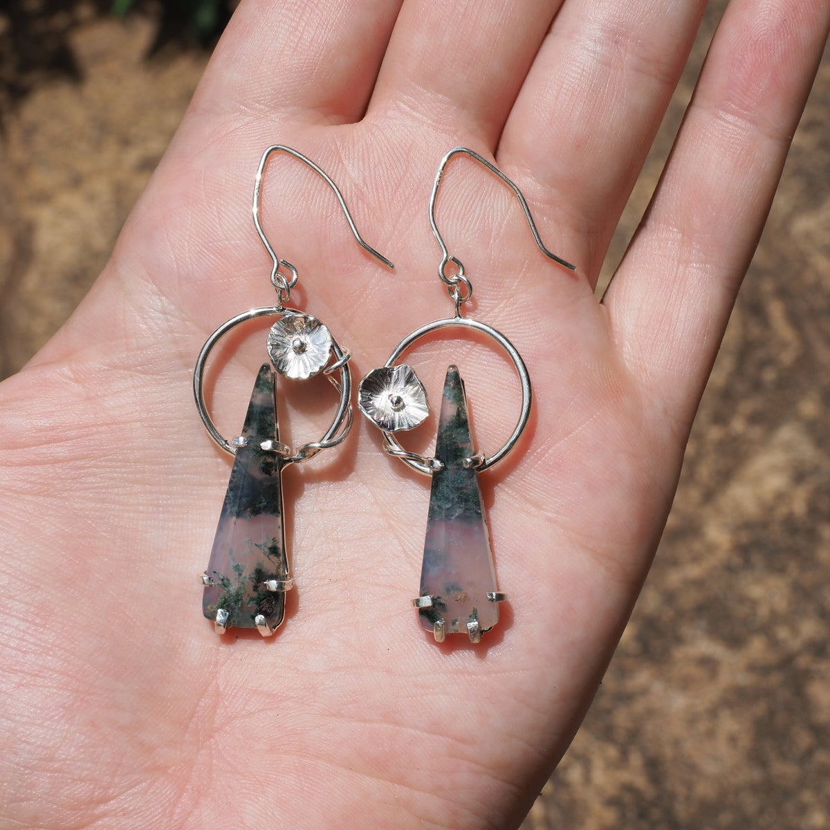 Art Nouveau Moss Agate Earrings-Handmade Sterling Silver