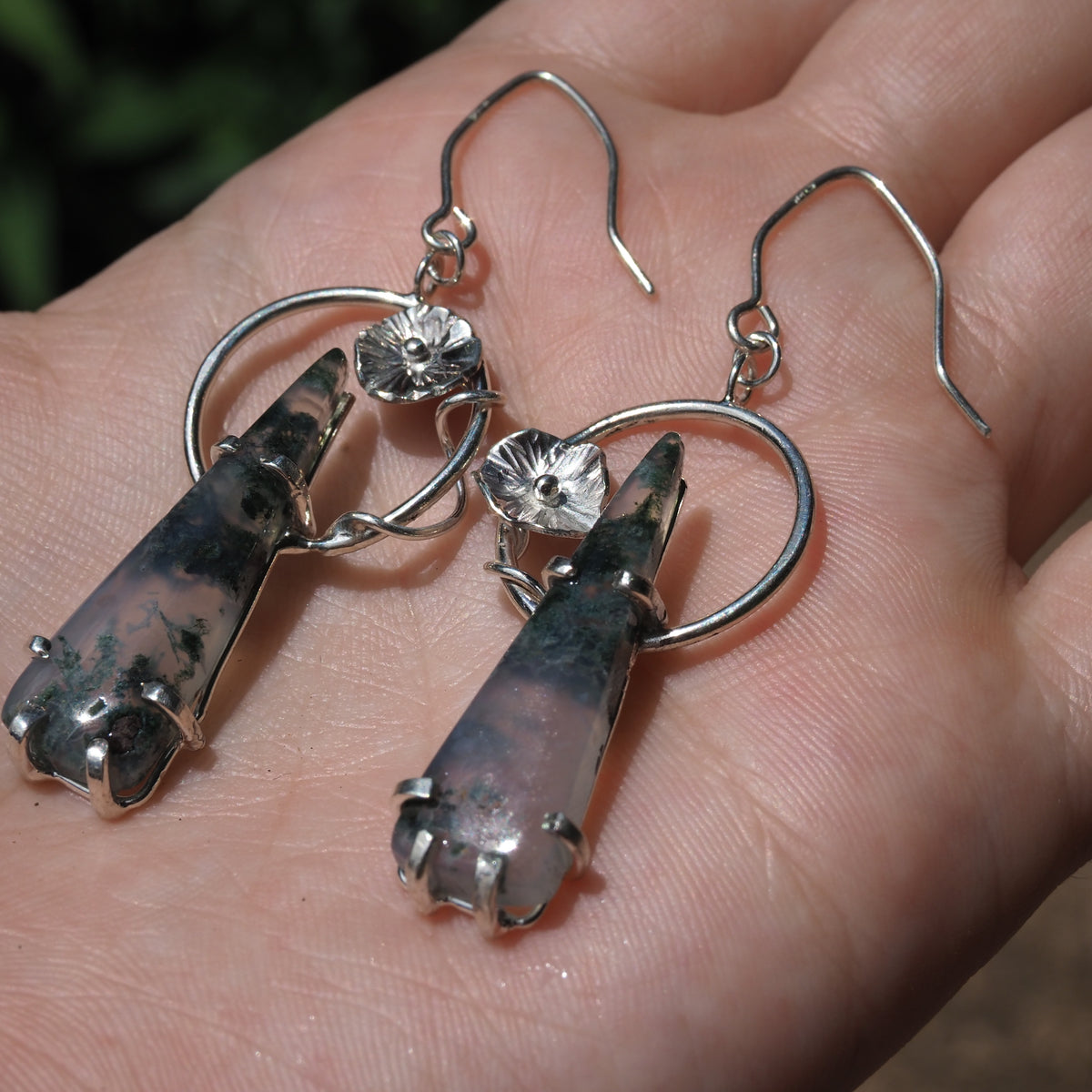 Art Nouveau Moss Agate Earrings-Handmade Sterling Silver