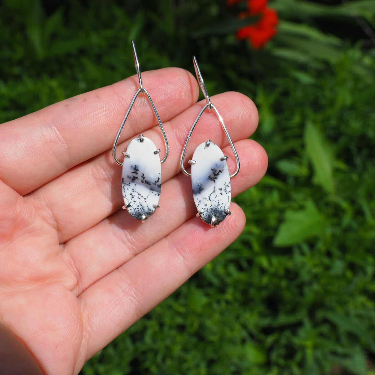 Dendrite Opal Petal Earrings-Handmade Sterling Silver
