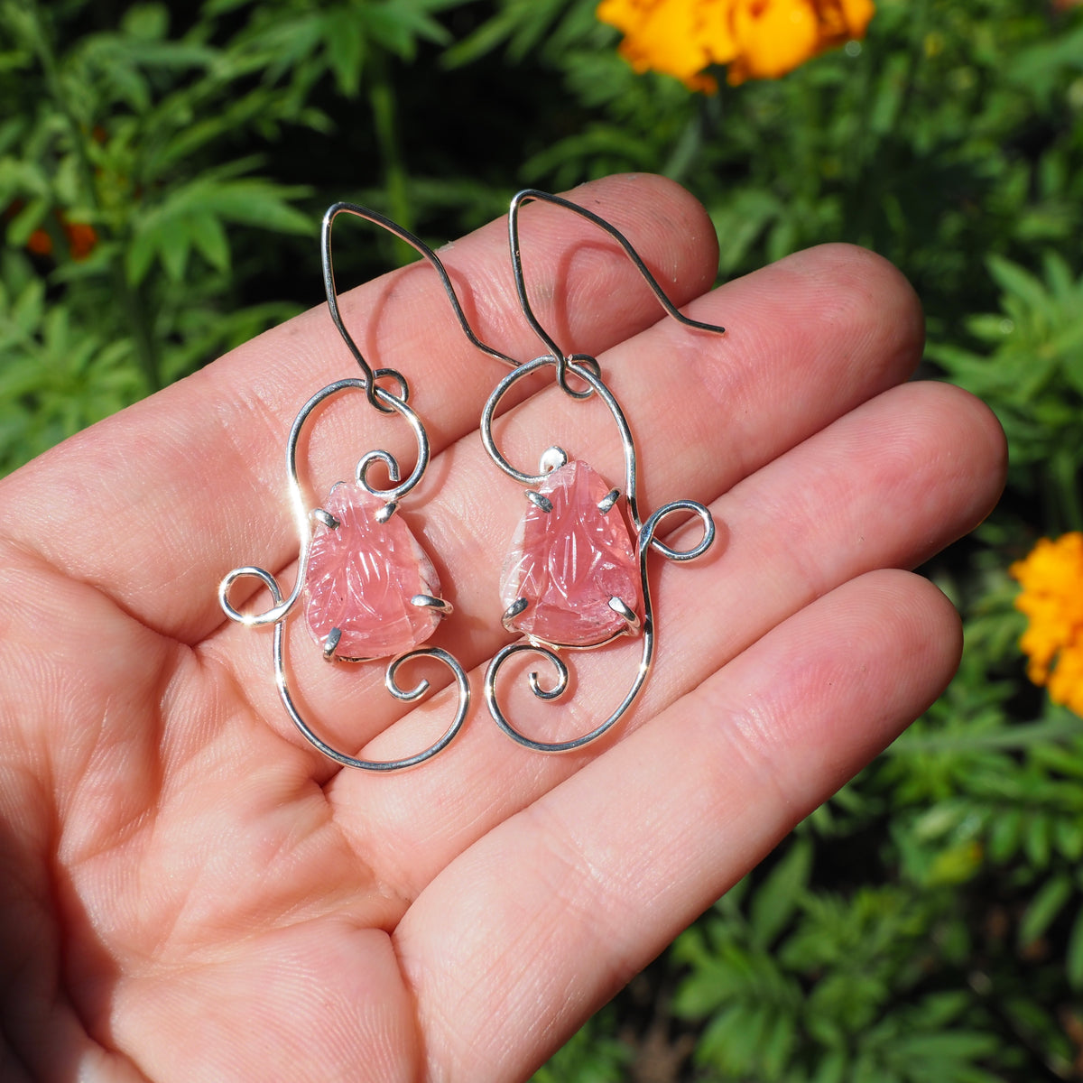 Carved Rhodochrosite Scroll Earrings-Handmade Sterling Silver