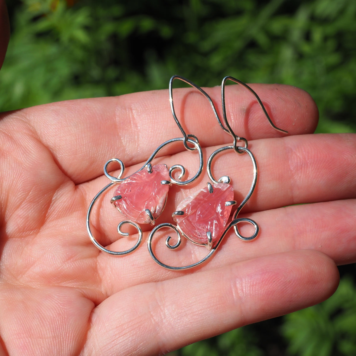 Carved Rhodochrosite Scroll Earrings-Handmade Sterling Silver