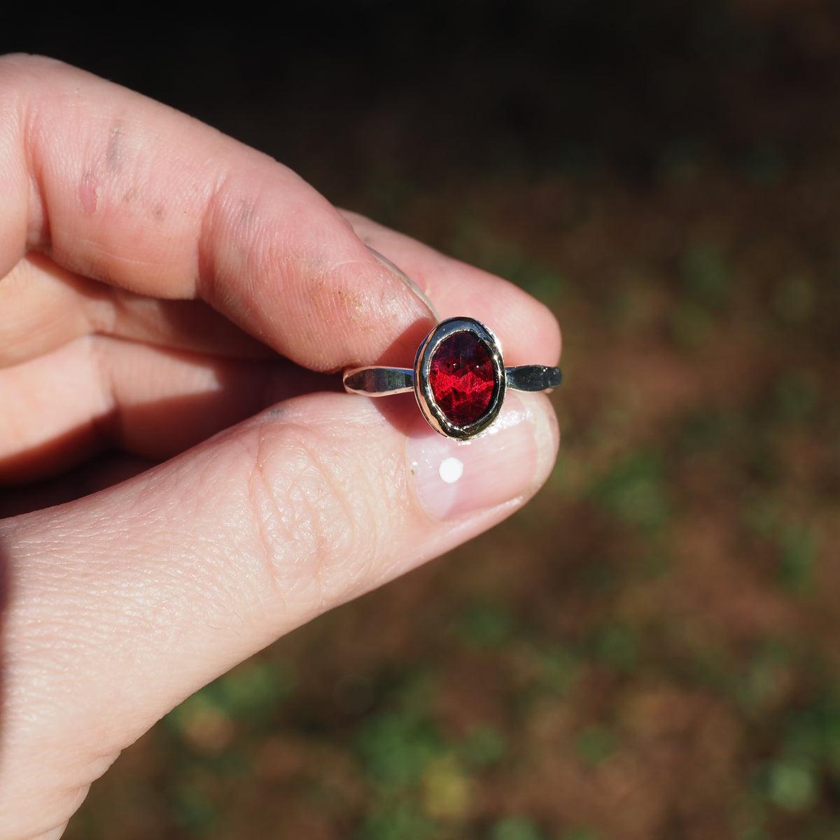 Raspberry Garnet Gold Bezel Ring– Handmade Sterling Silver and 14k Yellow Gold - Size 7.5