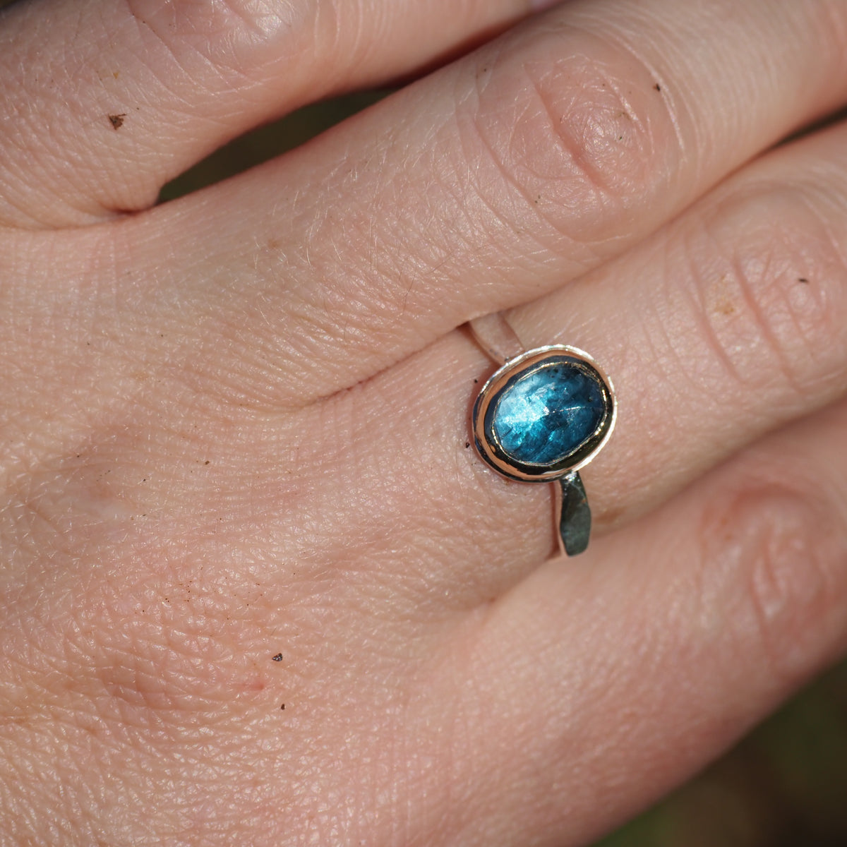 Kyanite Gold Bezel Ring-Handmade Sterling Silver and 14k Yellow Gold - Size 7.25