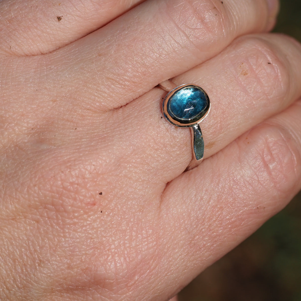 Kyanite Gold Bezel Ring-Handmade Sterling Silver and 14k Yellow Gold - Size 7.25