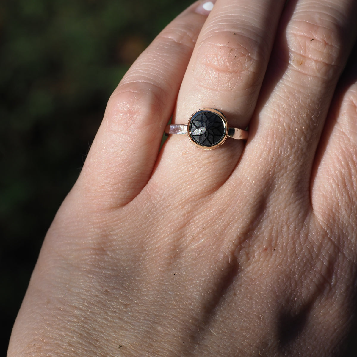 Black Star Ring-Handmade Sterling Silver and 14k Yellow Gold- Size 6.5