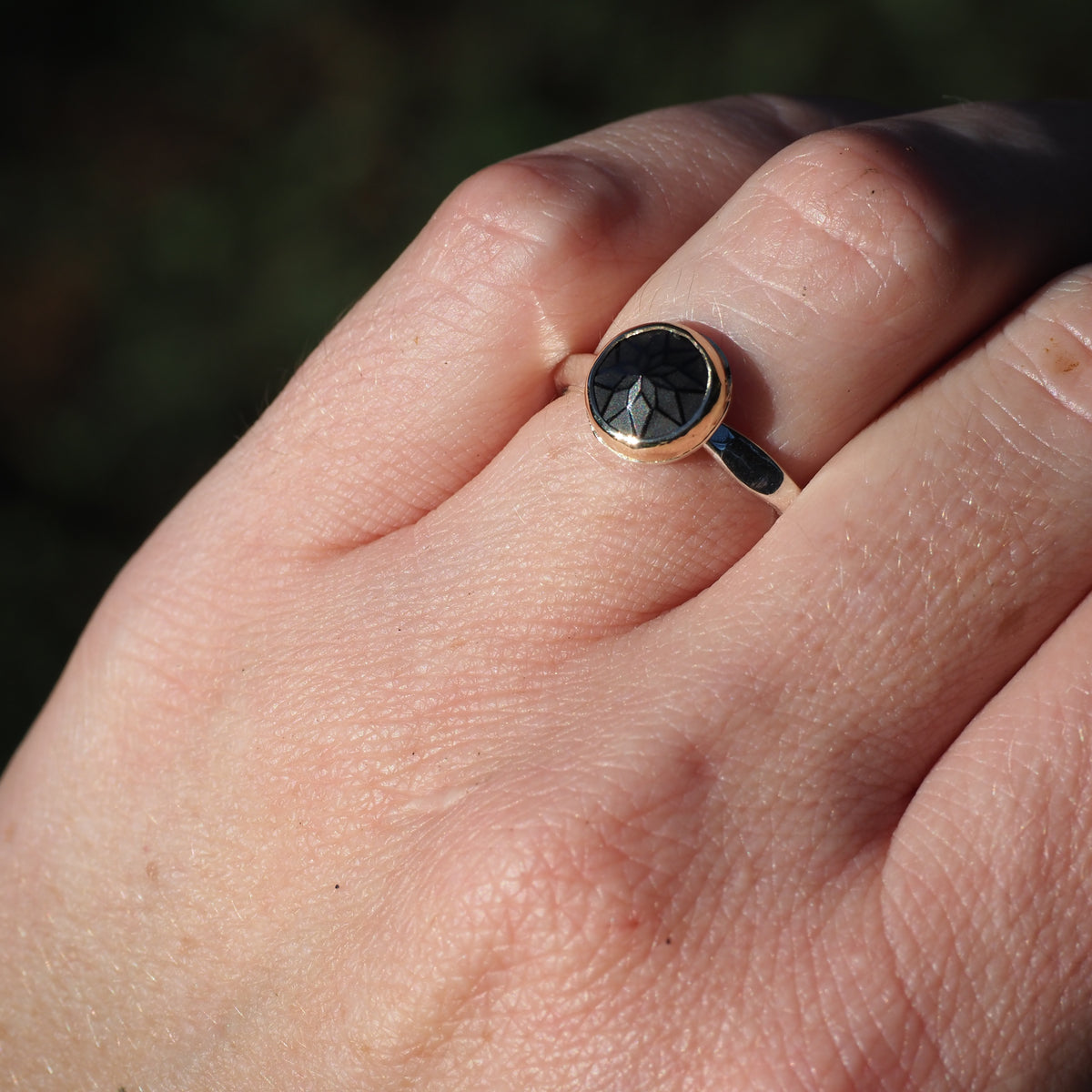 Black Star Ring-Handmade Sterling Silver and 14k Yellow Gold- Size 6.5