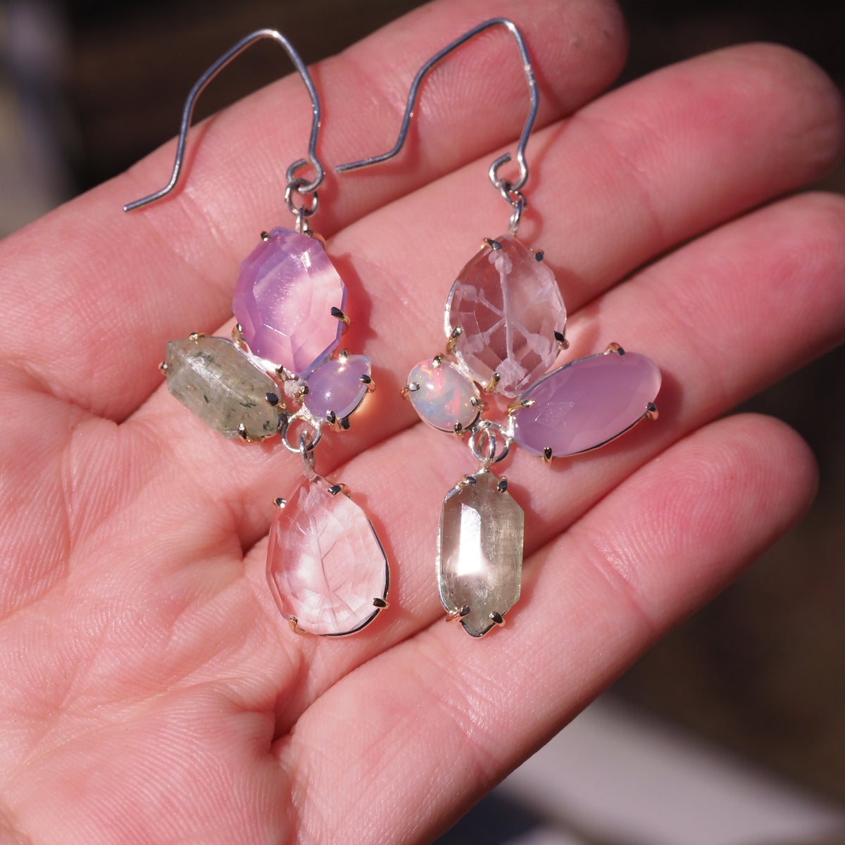 Hidden Garden Earrings - Silver and Gold, Reverse Intaglio Quartz, Kyanite, Opal, and Lavendar Quartz Earrings
