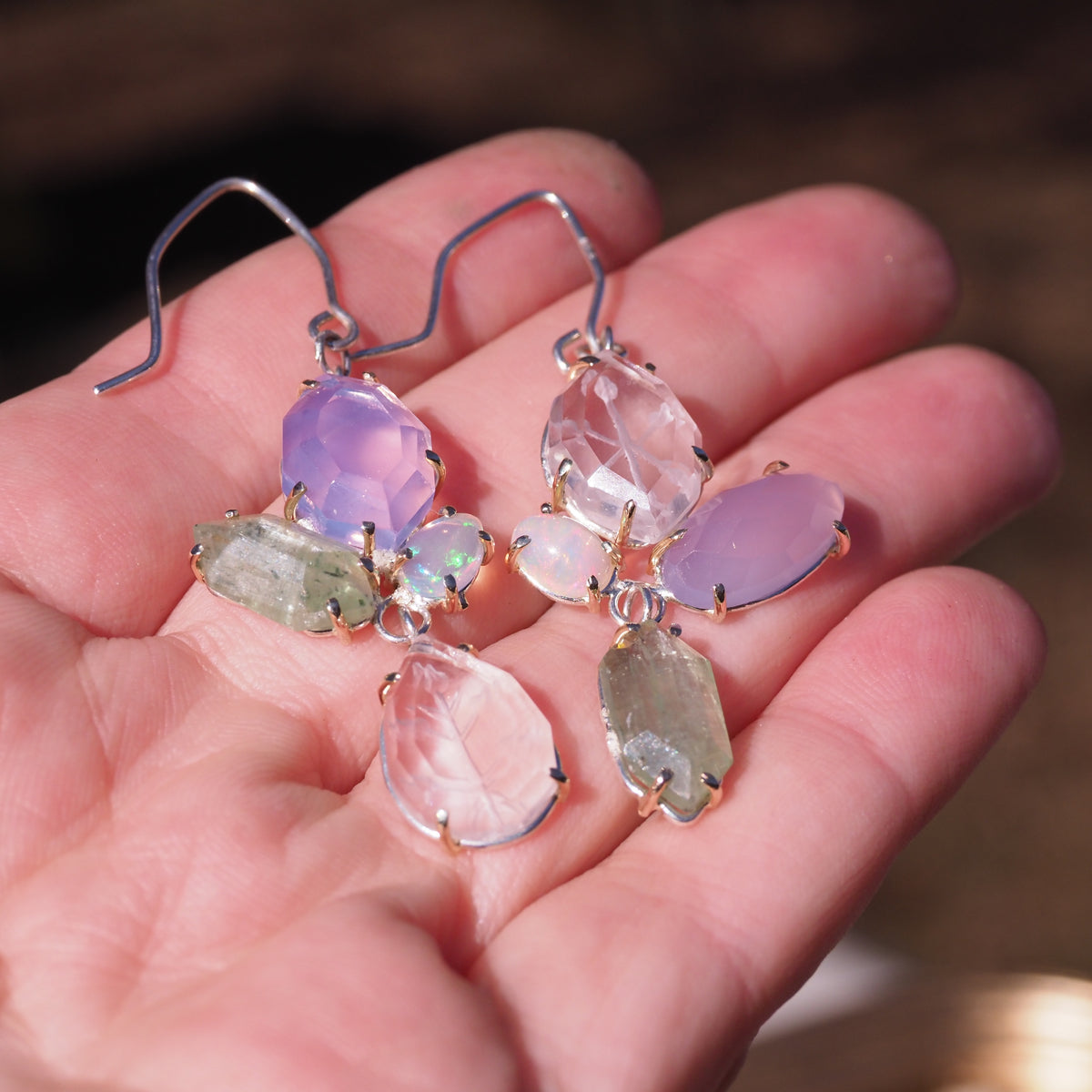 Hidden Garden Earrings - Silver and Gold, Reverse Intaglio Quartz, Kyanite, Opal, and Lavendar Quartz Earrings