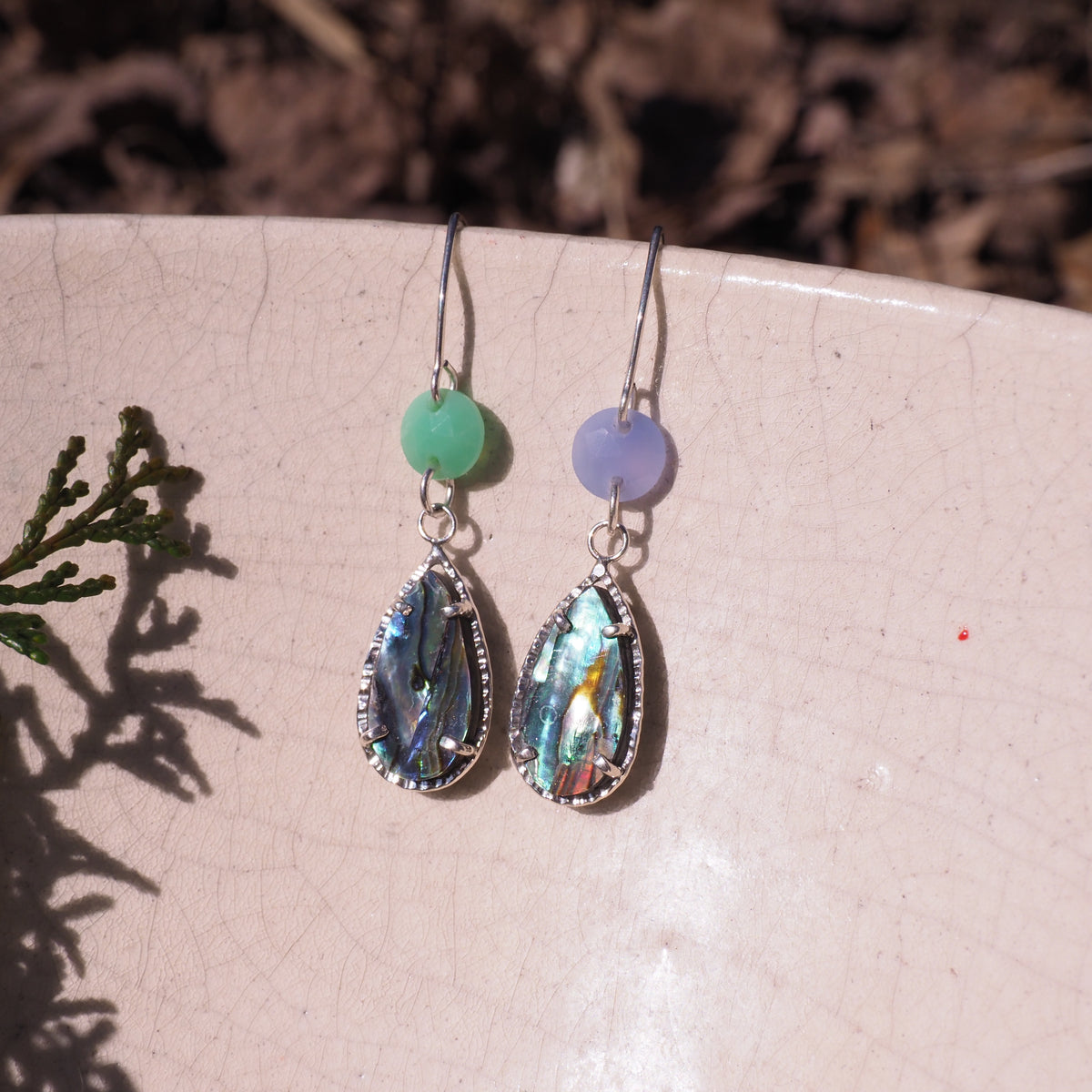 Tidal Glow Earrings - Sterling Silver, Abalone and Chalcedony Earrings