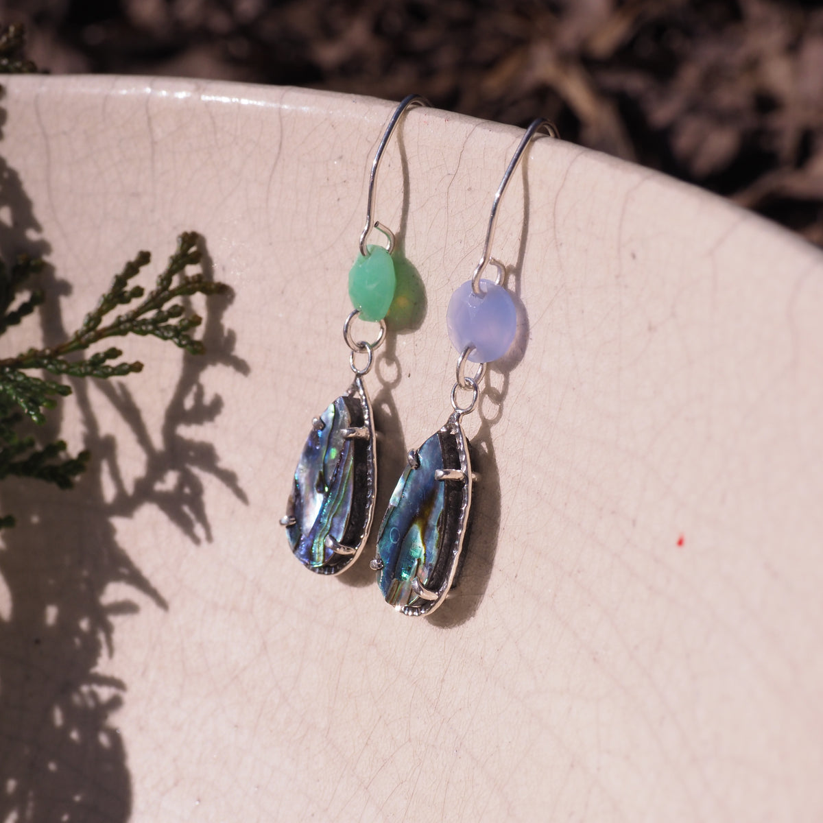 Tidal Glow Earrings - Sterling Silver, Abalone and Chalcedony Earrings